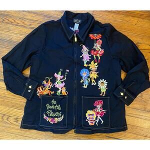 Women Sz XL Bob Mackie Fairy Zip Jacket Denim Parade of Flowers Embroidered